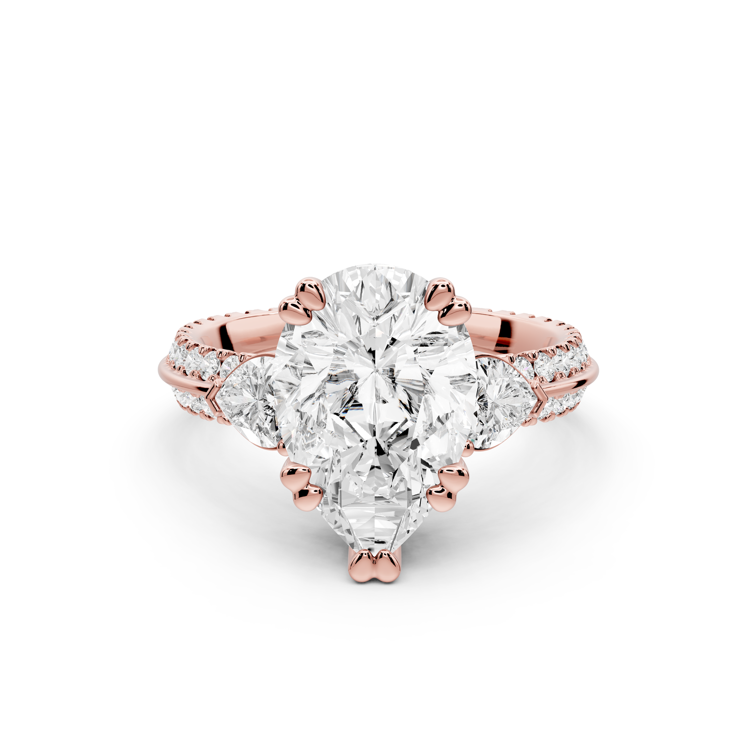 Elinor - 3ct 14k rose gold pear diamond Double talon prongs with two heart side stones and rollover pavé engagement ring