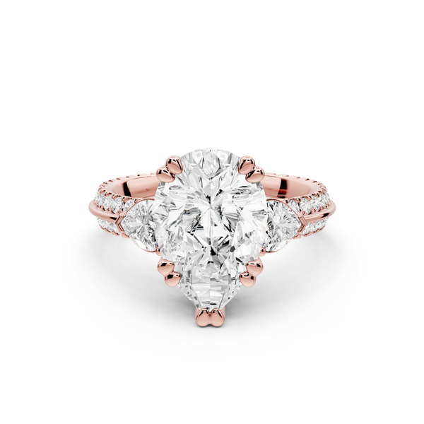 Elinor - 3ct 14k rose gold pear diamond Double talon prongs with two heart side stones and rollover pavé engagement ring