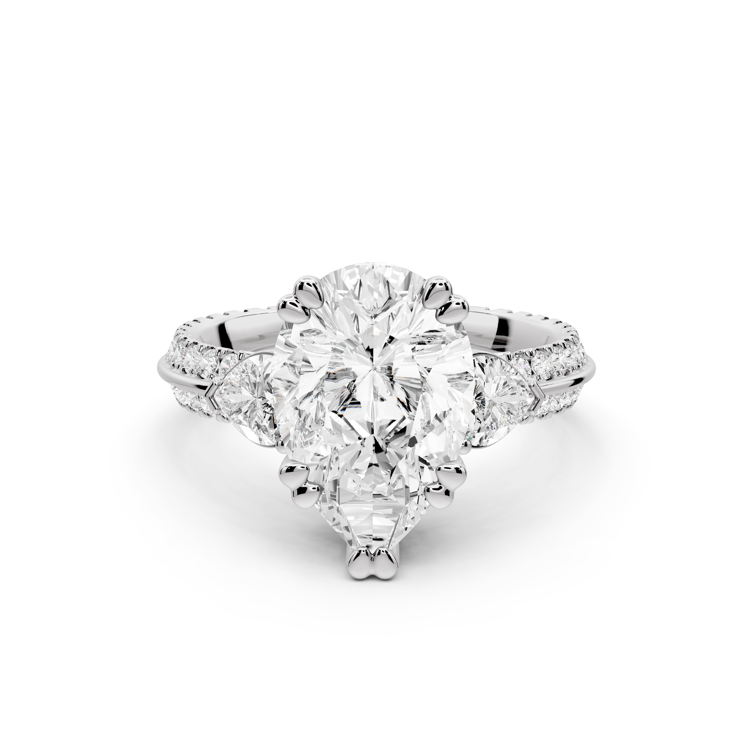 Elinor - 3ct 14k white gold pear diamond Double talon prongs with two heart side stones and rollover pavé engagement ring