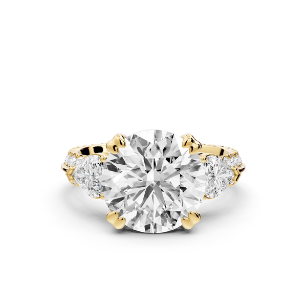 Elinor - 3ct 14k yellow gold round diamond Double talon prongs with two heart side stones and rollover Pavé engagement ring