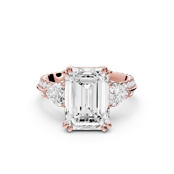 Elinor - 4ct 14k rose gold emerald diamond Double talon prongs with two heart side stones and rollover pavé engagement ring