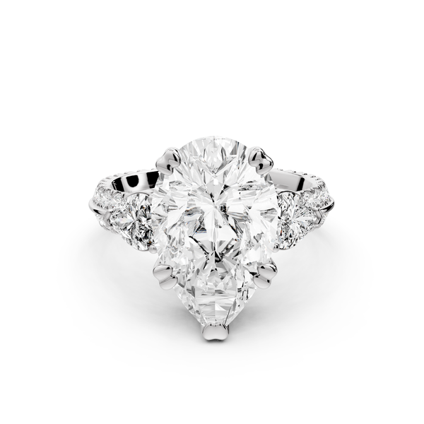 Elinor - 4ct 14k white gold pear diamond Double talon prongs with two heart side stones and rollover pavé engagement ring