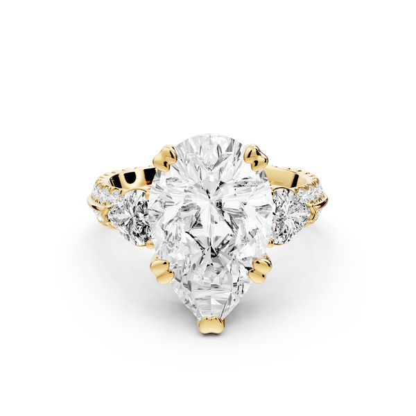 Elinor - 4ct 14k yellow gold pear diamond Double talon prongs with two heart side stones and rollover pavé engagement ring