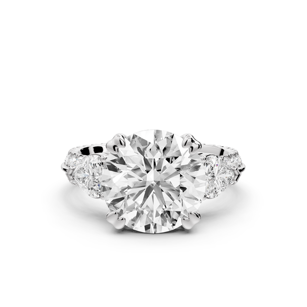 Elinor - 4ct 14k white gold round diamond Double talon prongs with two heart side stones and rollover Pavé engagement ring