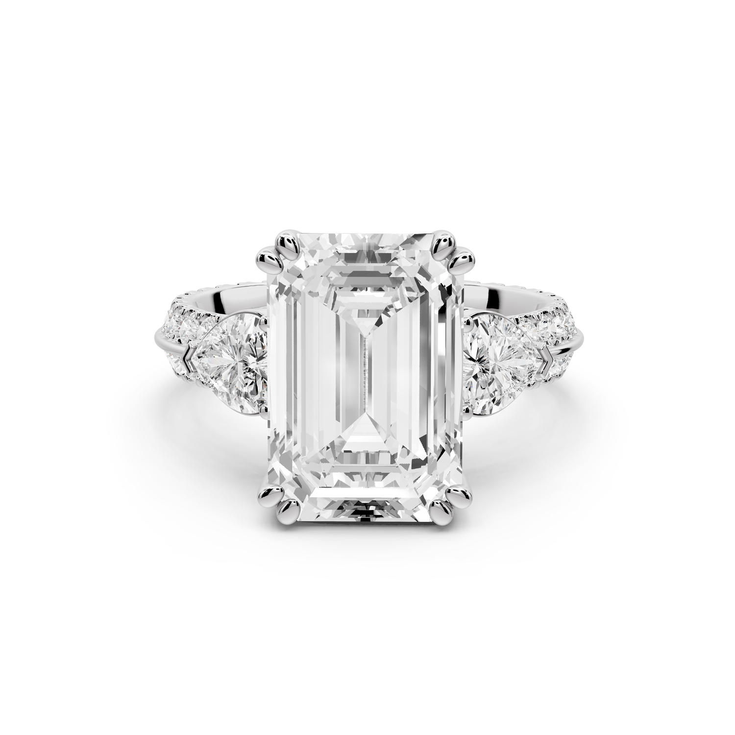 Elinor - 5ct 14k white gold emerald diamond Double talon prongs with two heart side stones and rollover pavé engagement ring