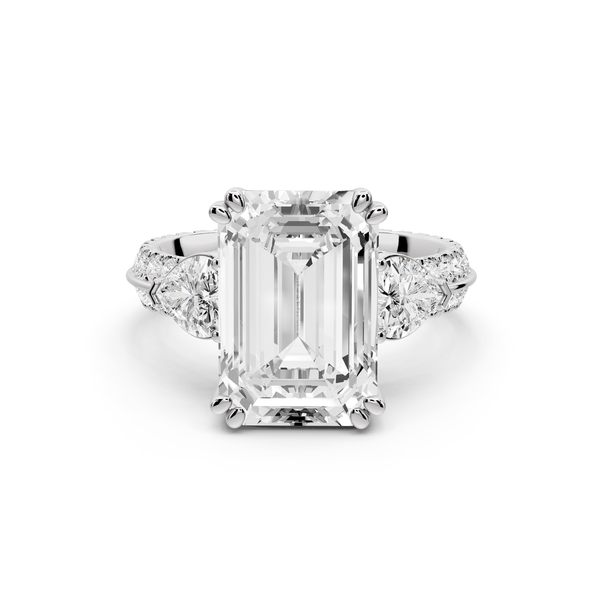 Elinor - 5ct 14k white gold emerald diamond Double talon prongs with two heart side stones and rollover pavé engagement ring