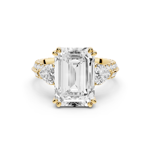 Elinor - 5ct 14k yellow gold emerald diamond Double talon prongs with two heart side stones and rollover pavé engagement ring