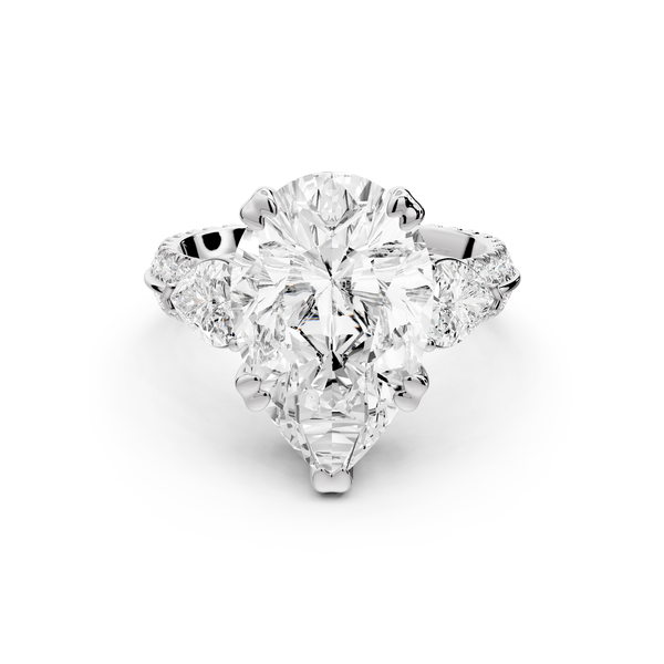 Elinor - 5ct 14k white gold pear diamond Double talon prongs with two heart side stones and rollover pavé engagement ring