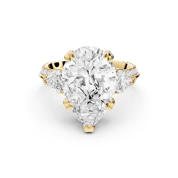 Elinor - 5ct 14k yellow gold pear diamond Double talon prongs with two heart side stones and rollover pavé engagement ring