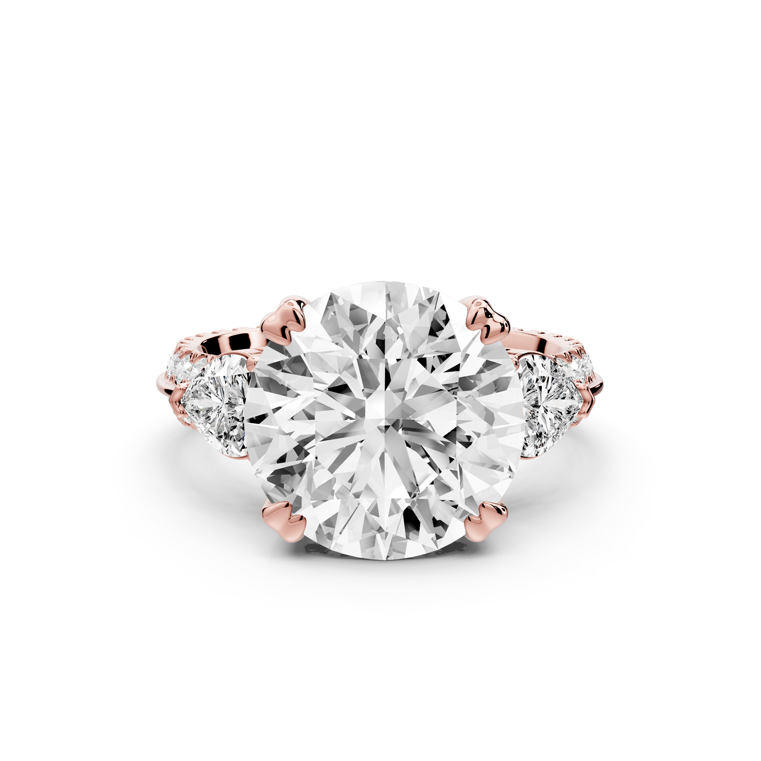 Elinor - 5ct 14k rose gold round diamond Double talon prongs with two heart side stones and rollover Pavé engagement ring