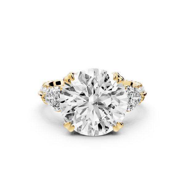 Elinor - 5ct 14k yellow gold round diamond Double talon prongs with two heart side stones and rollover Pavé engagement ring