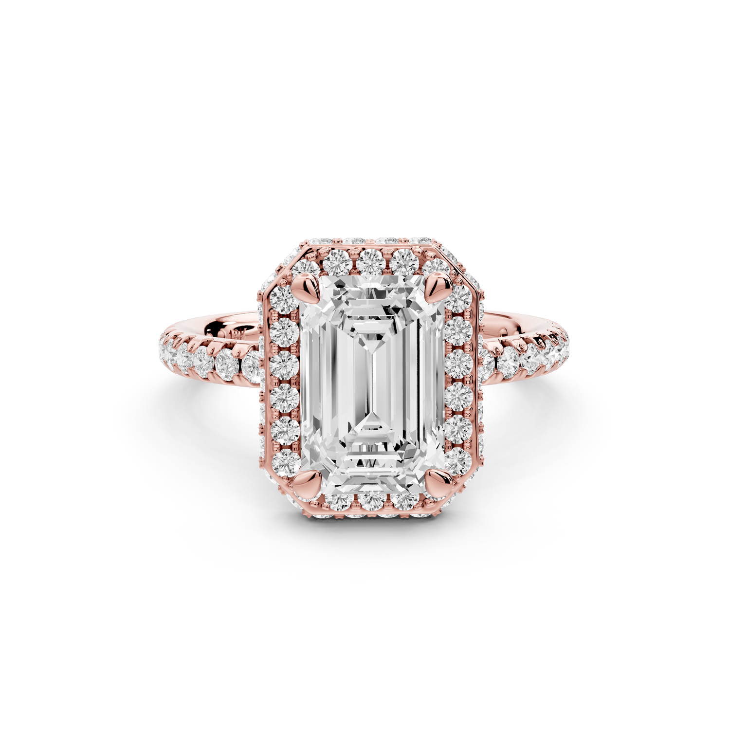 Amelie - 2ct 14k rose gold emerald Diamond with Rollover Halo and Pavé Engagement Ring