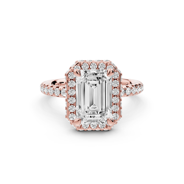 Amelie - 2ct 14k rose gold emerald Diamond with Rollover Halo and Pavé Engagement Ring