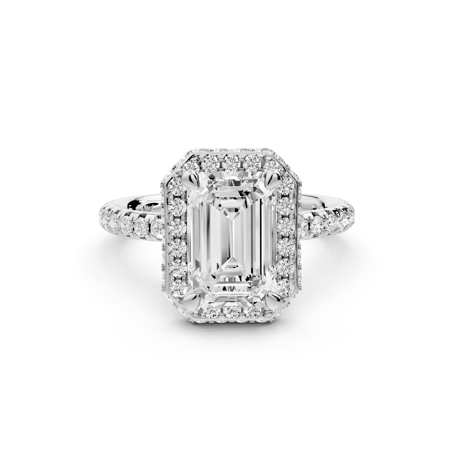 Amelie - 2ct 14k white gold emerald Diamond with Rollover Halo and Pavé Engagement Ring