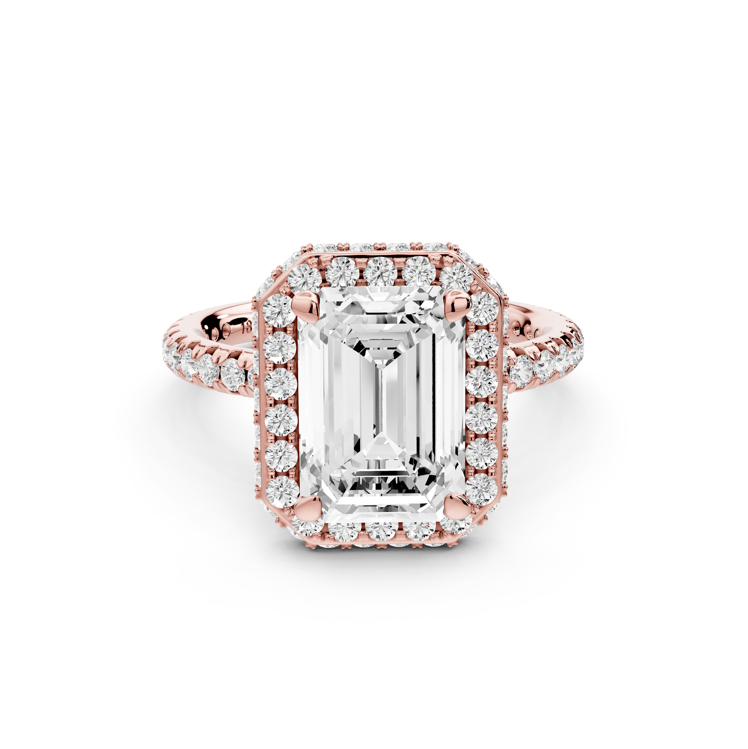 Amelie - 3ct 14k rose gold emerald Diamond with Rollover Halo and Pavé Engagement Ring