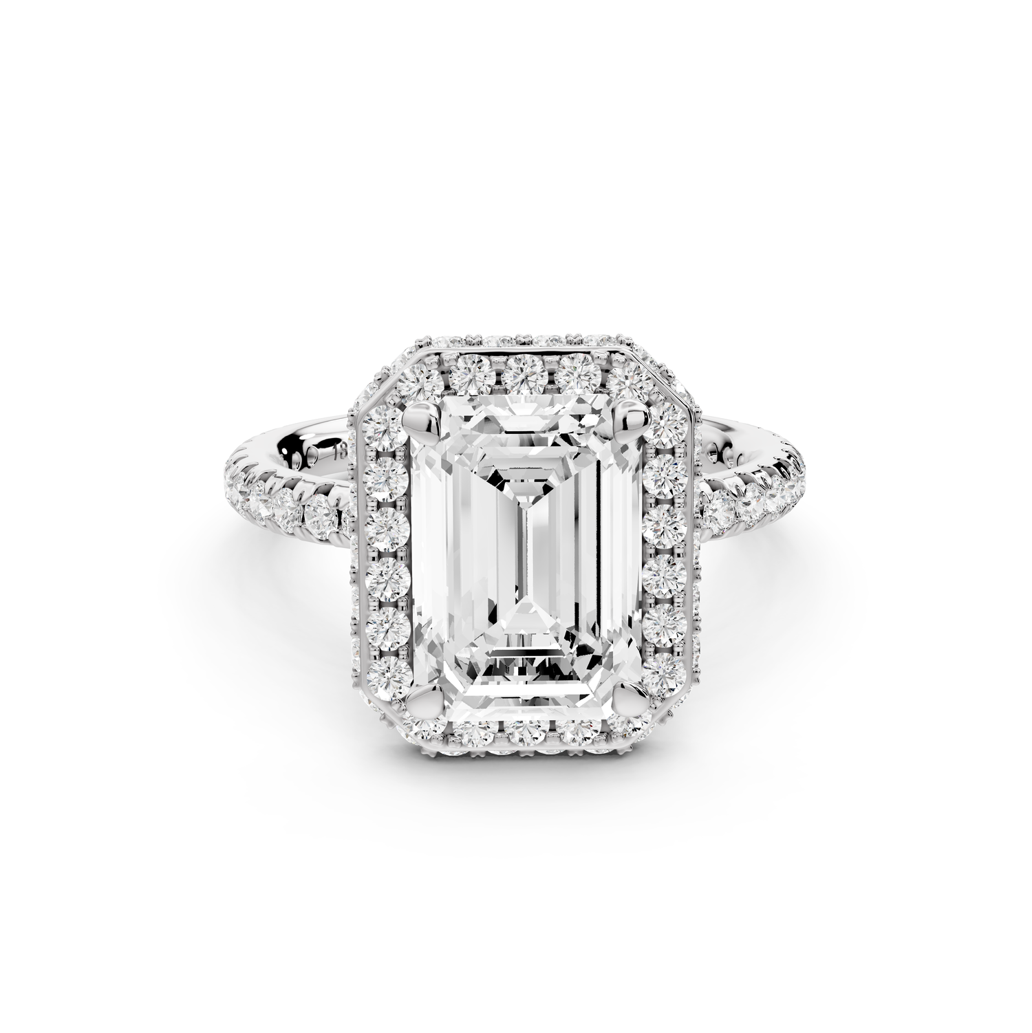 Amelie - 3ct 14k white gold emerald Diamond with Rollover Halo and Pavé Engagement Ring