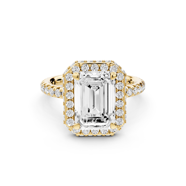 Amelie - 3ct 14k yellow gold emerald Diamond with Rollover Halo and Pavé Engagement Ring