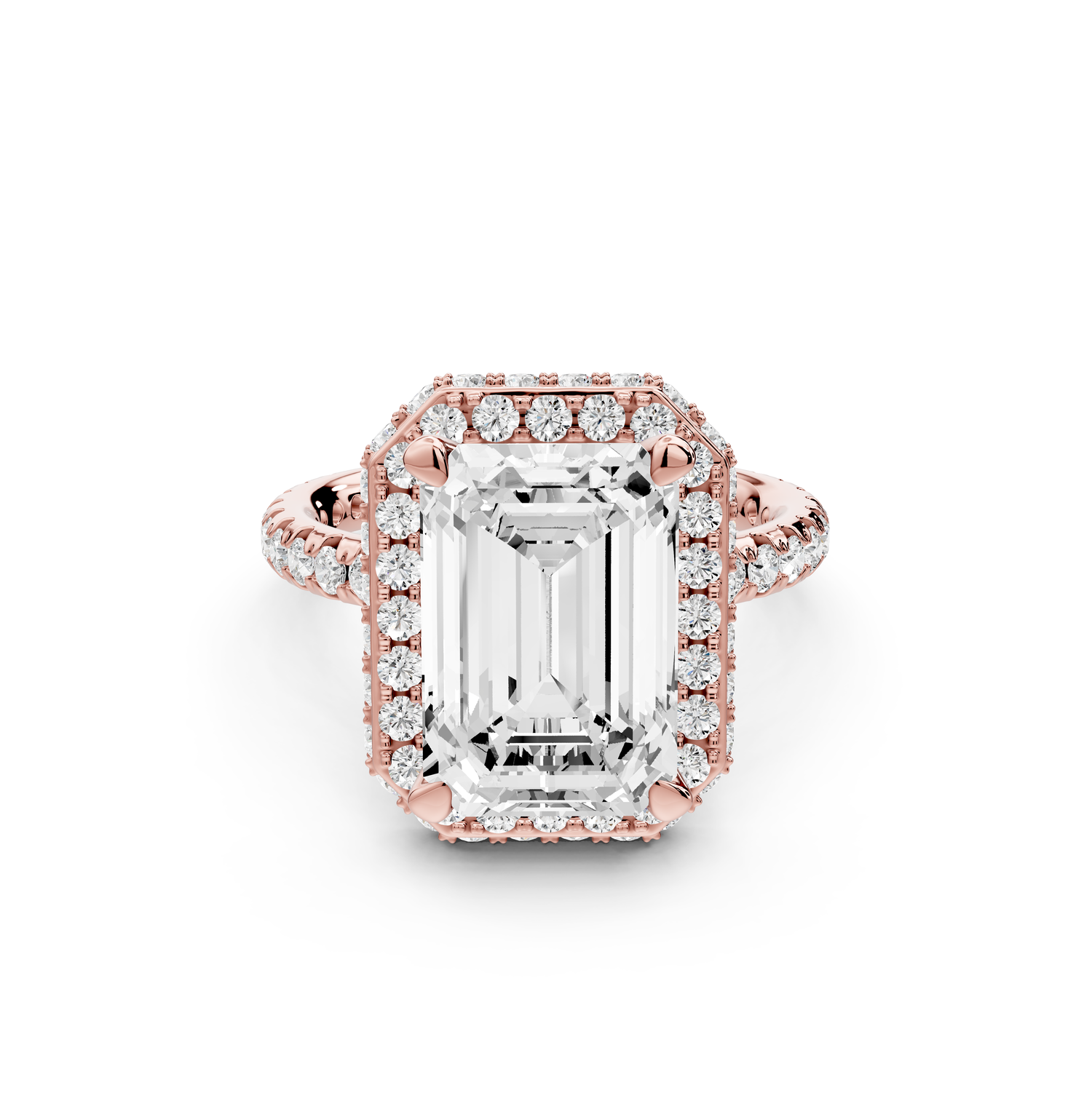 Amelie - 4ct 14k rose gold emerald Diamond with Rollover Halo and Pavé Engagement Ring