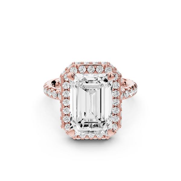 Amelie - 4ct 14k rose gold emerald Diamond with Rollover Halo and Pavé Engagement Ring