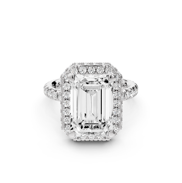 Amelie - 4ct 14k white gold emerald Diamond with Rollover Halo and Pavé Engagement Ring