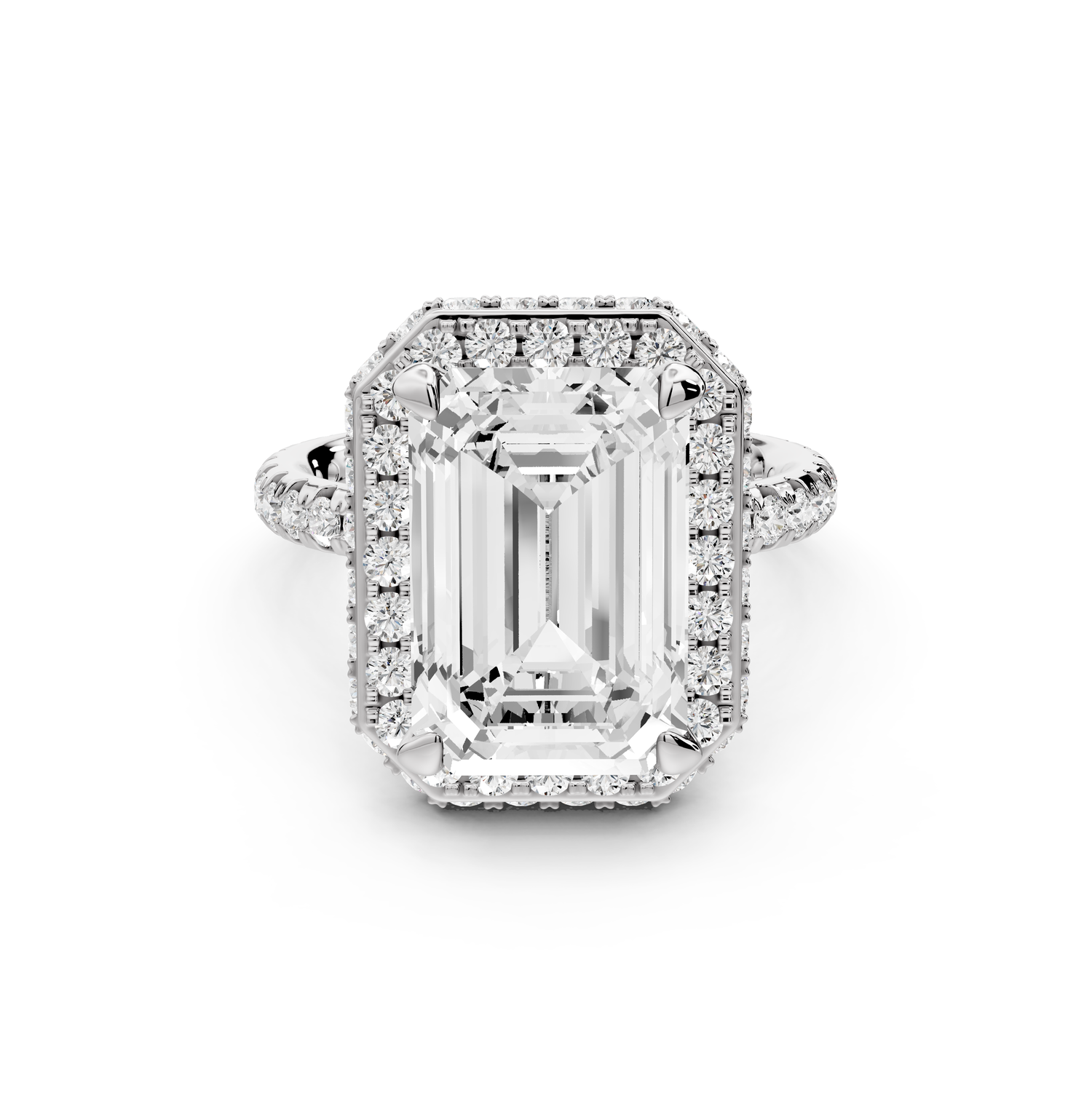 Amelie - 5ct 14k white gold emerald Diamond with Rollover Halo and Pavé Engagement Ring