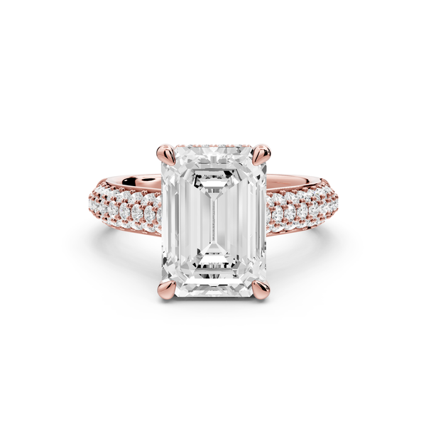 Camille - 3ct 14k rose gold emerald Diamond hidden halo rollover pave cathedral Engagement ring