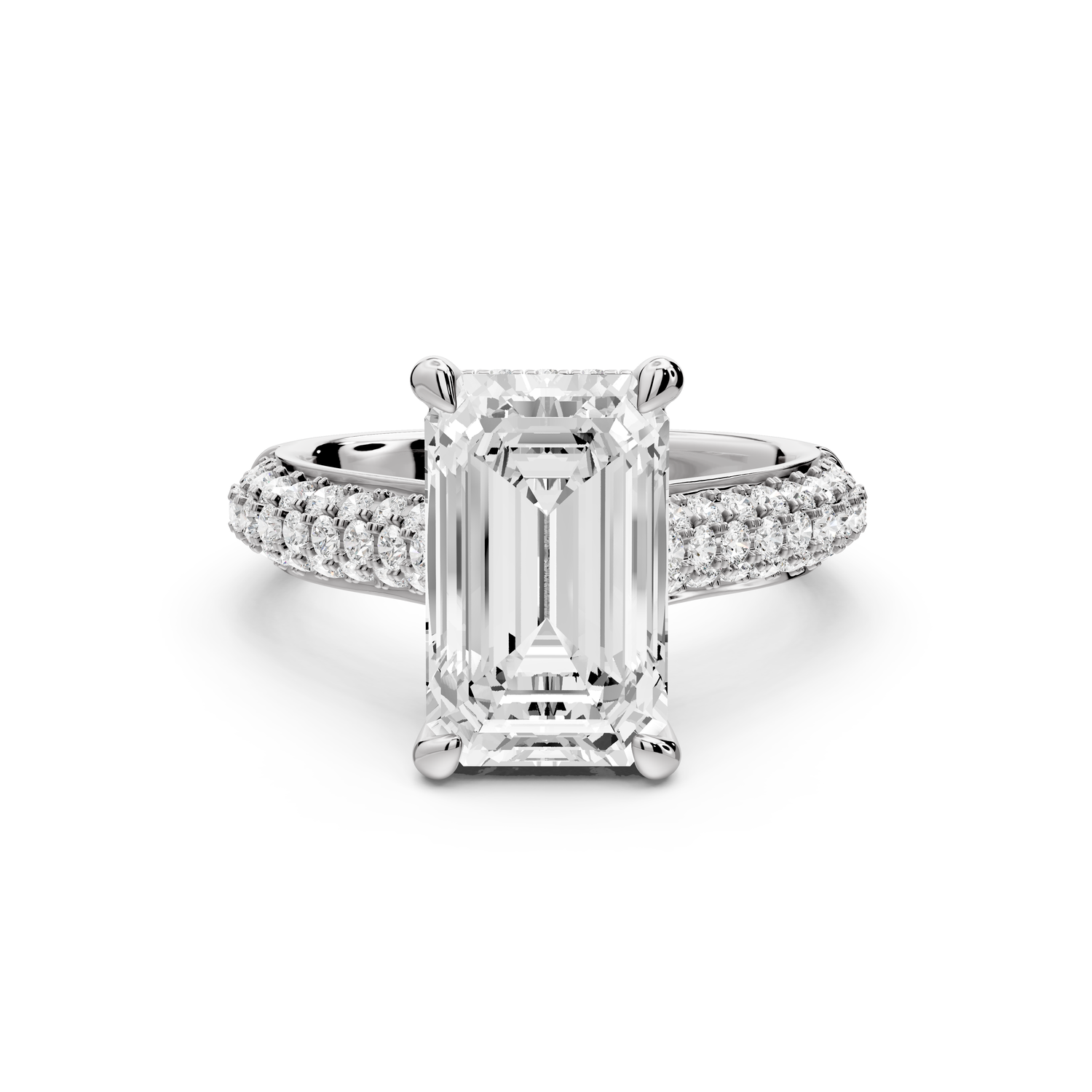 Camille - 4ct 14k white gold emerald Diamond hidden halo rollover pave cathedral Engagement ring