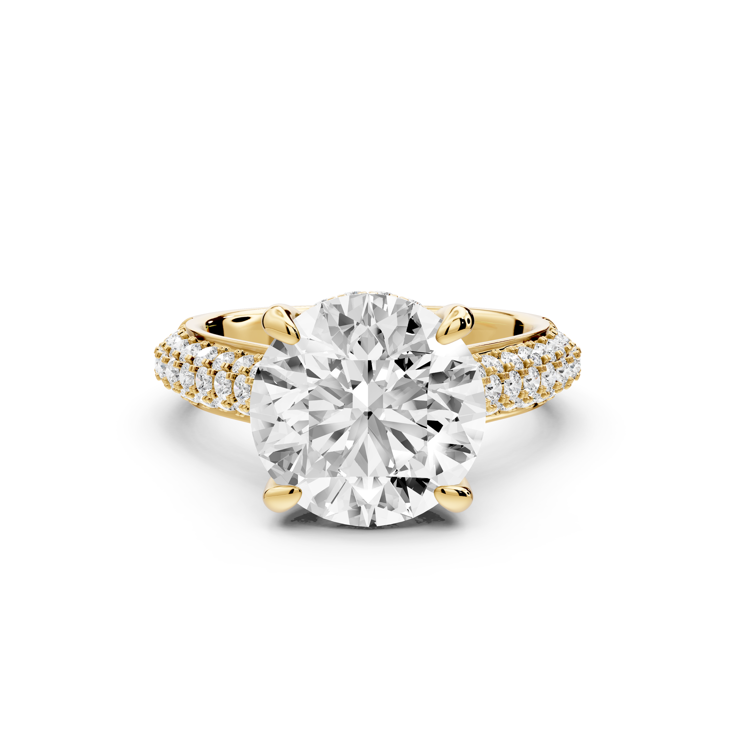 Camille - 4ct 14k yellow gold round Diamond hidden halo rollover pave cathedral engagment ring
