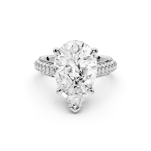 Camille - 5ct 14k white gold pear Diamond hidden halo rollover pave cathedral Engagement ring