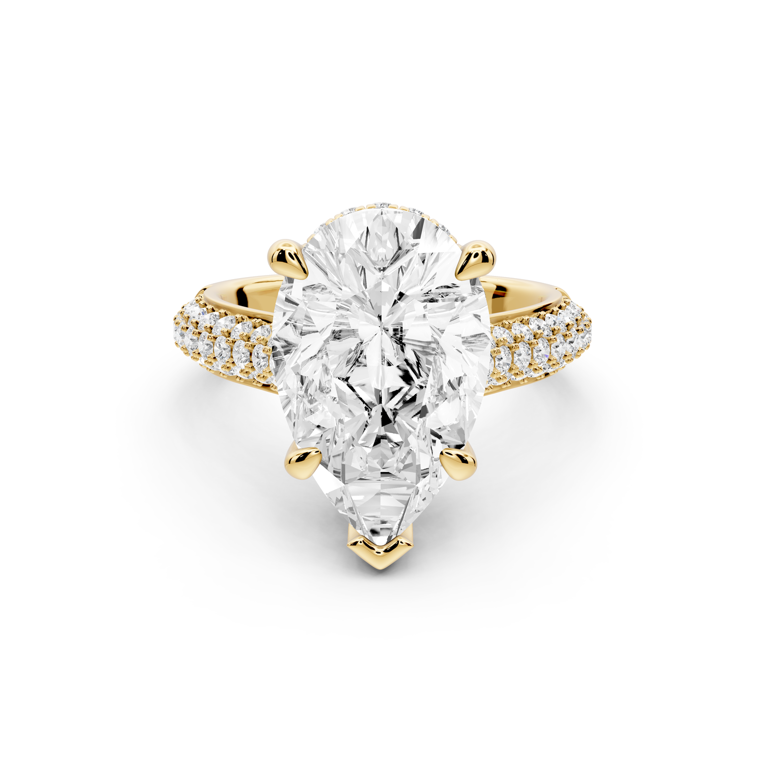 Camille - 5ct 14k yellow gold pear Diamond hidden halo rollover pave cathedral Engagement ring