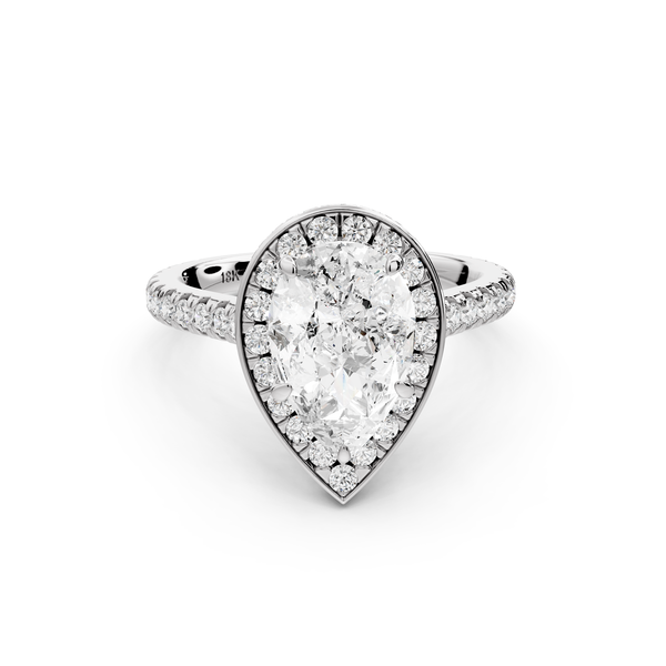 Beatrice - 2ct 14k white gold pear stone in rollover halo with diamond bridge and pavé engagement ring