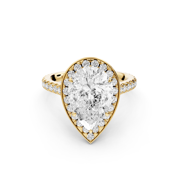 Beatrice - 3ct 14k yellow gold pear stone in rollover halo with diamond bridge and pavé engagement ring