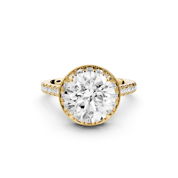 Beatrice - 3ct 14k yellow gold round stone in rollover halo with diamond bridge and Pavé engagement ring