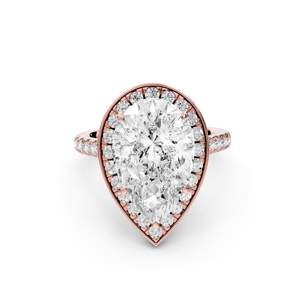 Beatrice - 4ct 14k rose gold pear stone in rollover halo with diamond bridge and pavé engagement ring