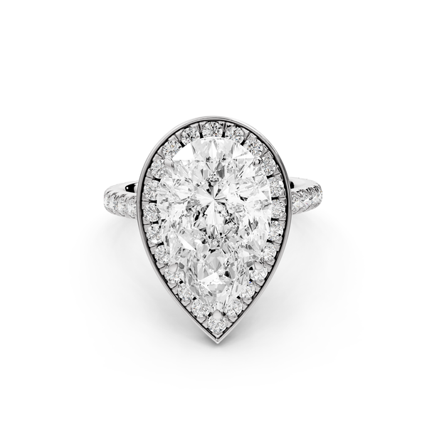 Beatrice - 4ct 14k white gold pear stone in rollover halo with diamond bridge and pavé engagement ring