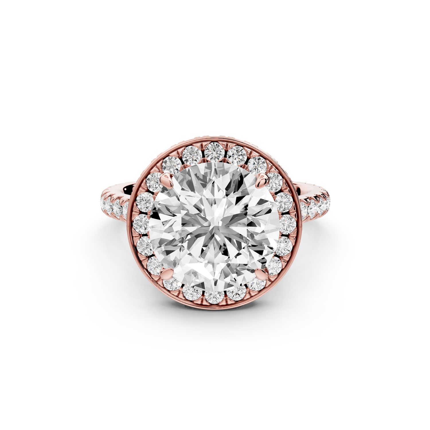 Beatrice - 4ct 14k rose gold round stone in rollover halo with diamond bridge and Pavé engagement ring