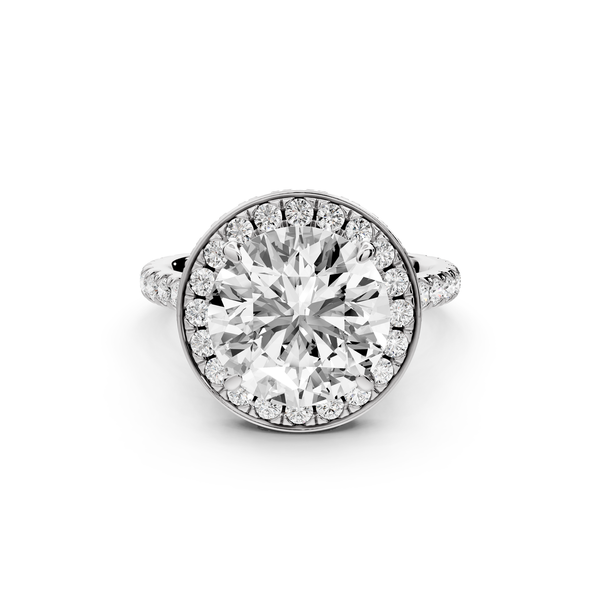 Beatrice - 4ct 14k white gold round stone in rollover halo with diamond bridge and Pavé engagement ring