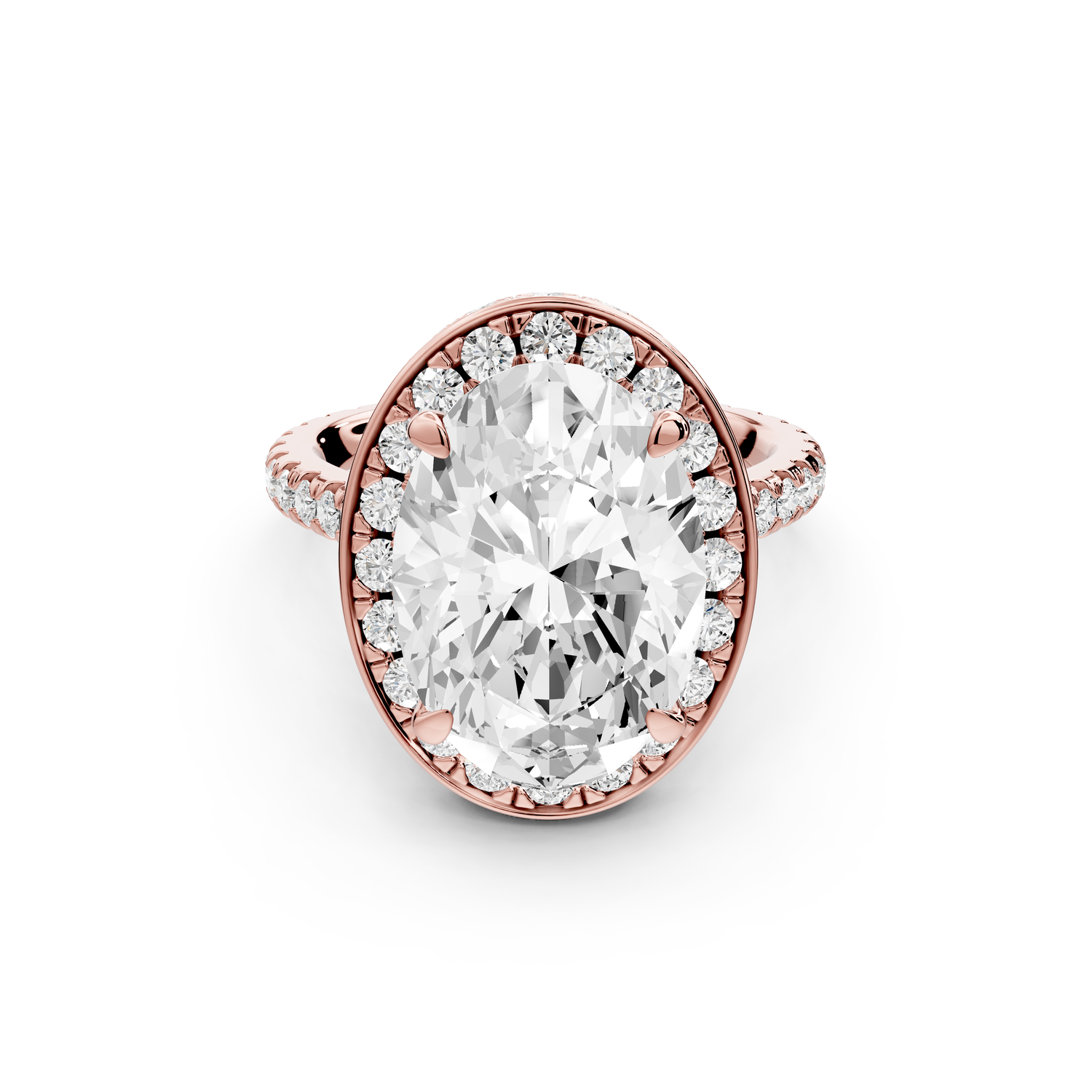 Beatrice - 5ct 14k rose gold oval stone in rollover halo with diamond bridge and pavé engagement ring