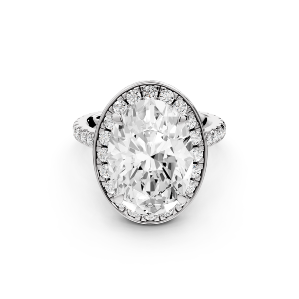 Beatrice - 5ct 14k white gold oval stone in rollover halo with diamond bridge and pavé engagement ring