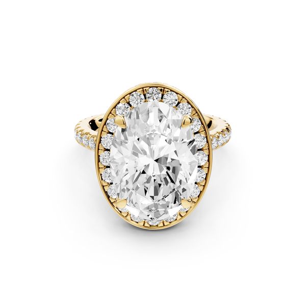 Beatrice - 5ct 14k yellow gold oval stone in rollover halo with diamond bridge and pavé engagement ring