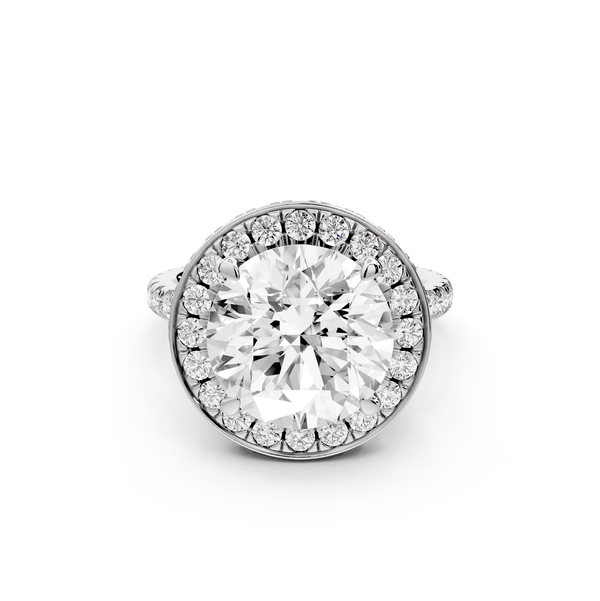 Beatrice - 5ct 14k white gold round stone in rollover halo with diamond bridge and Pavé engagement ring