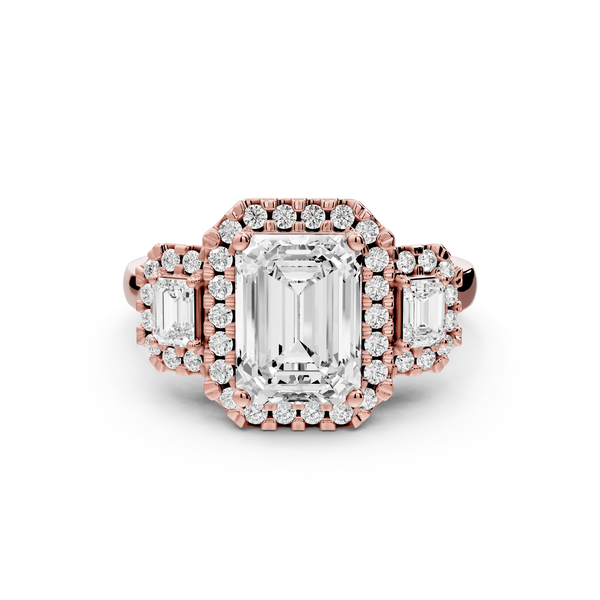 Iris - 2ct 14k rose gold Three stone emerald Halo engagement ring