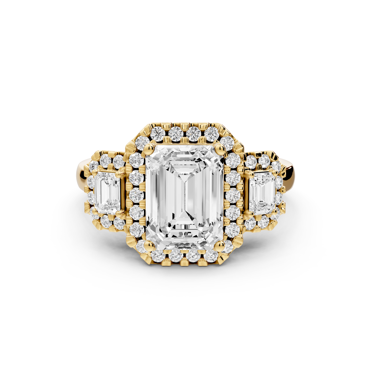 Iris - 2ct 14k yellow gold Three stone emerald Halo engagement ring