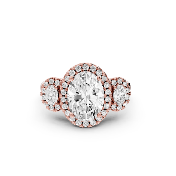 Iris - 2ct 14k rose gold Three stone oval Halo engagement ring