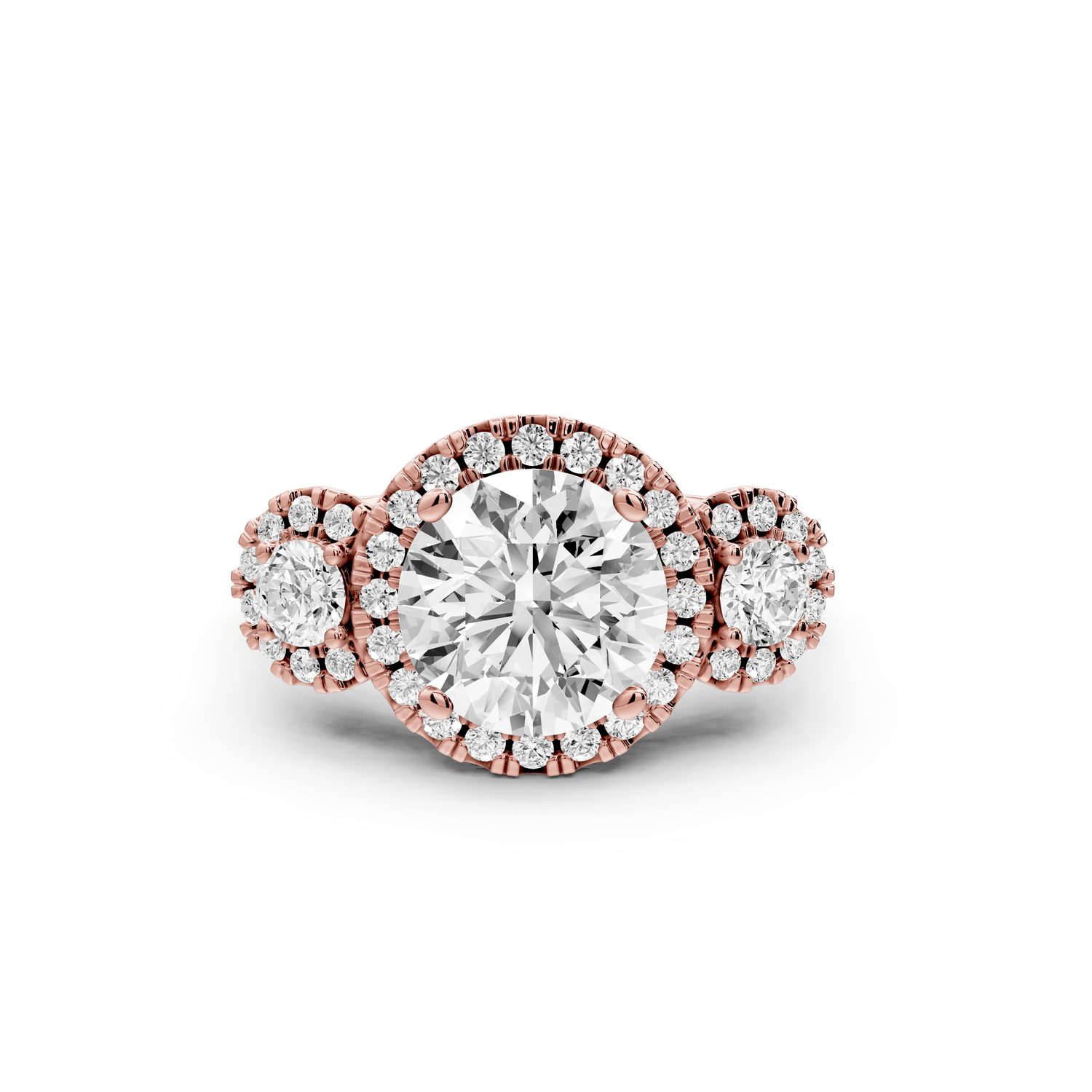Iris - 2ct 14k rose gold Three stone round Halo engagement ring