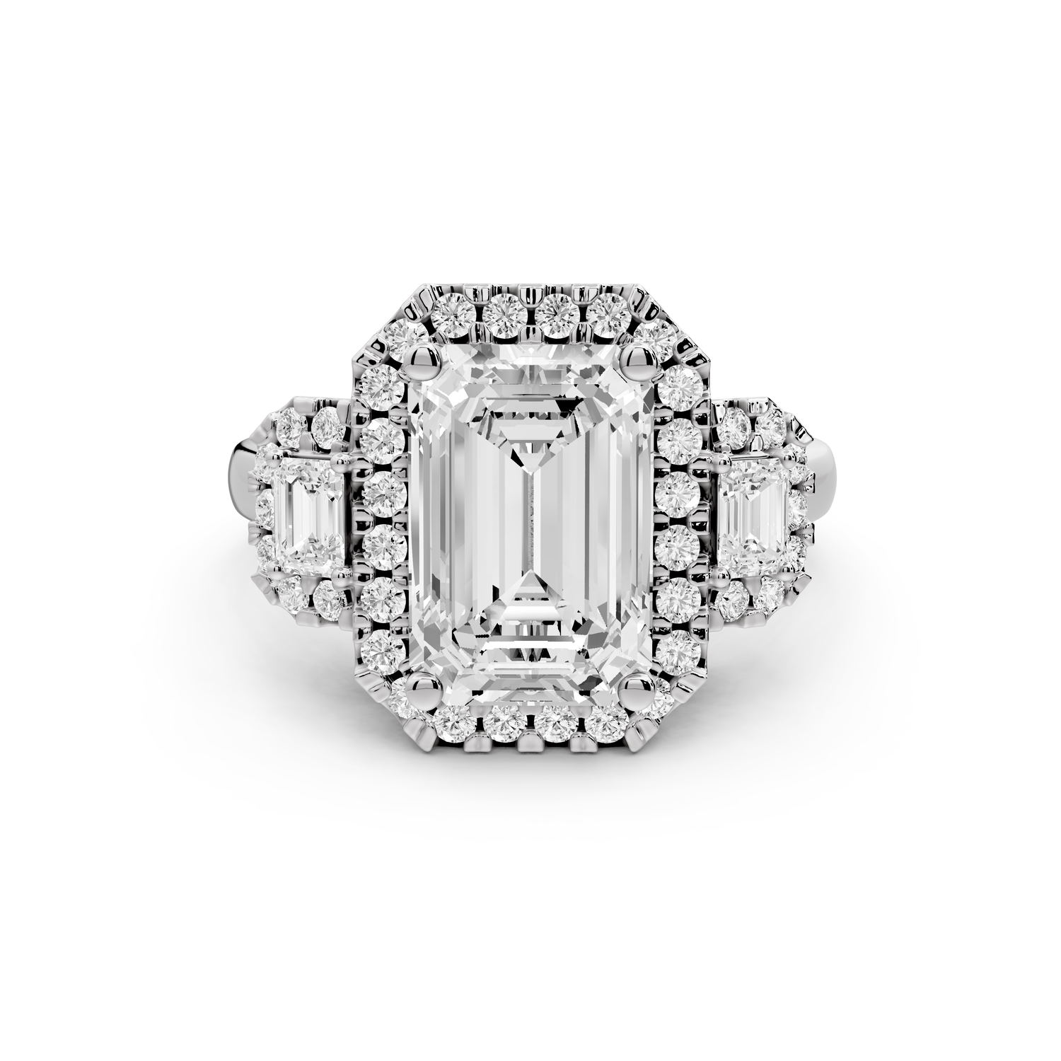 Iris - 3ct 14k white gold Three stone emerald Halo engagement ring