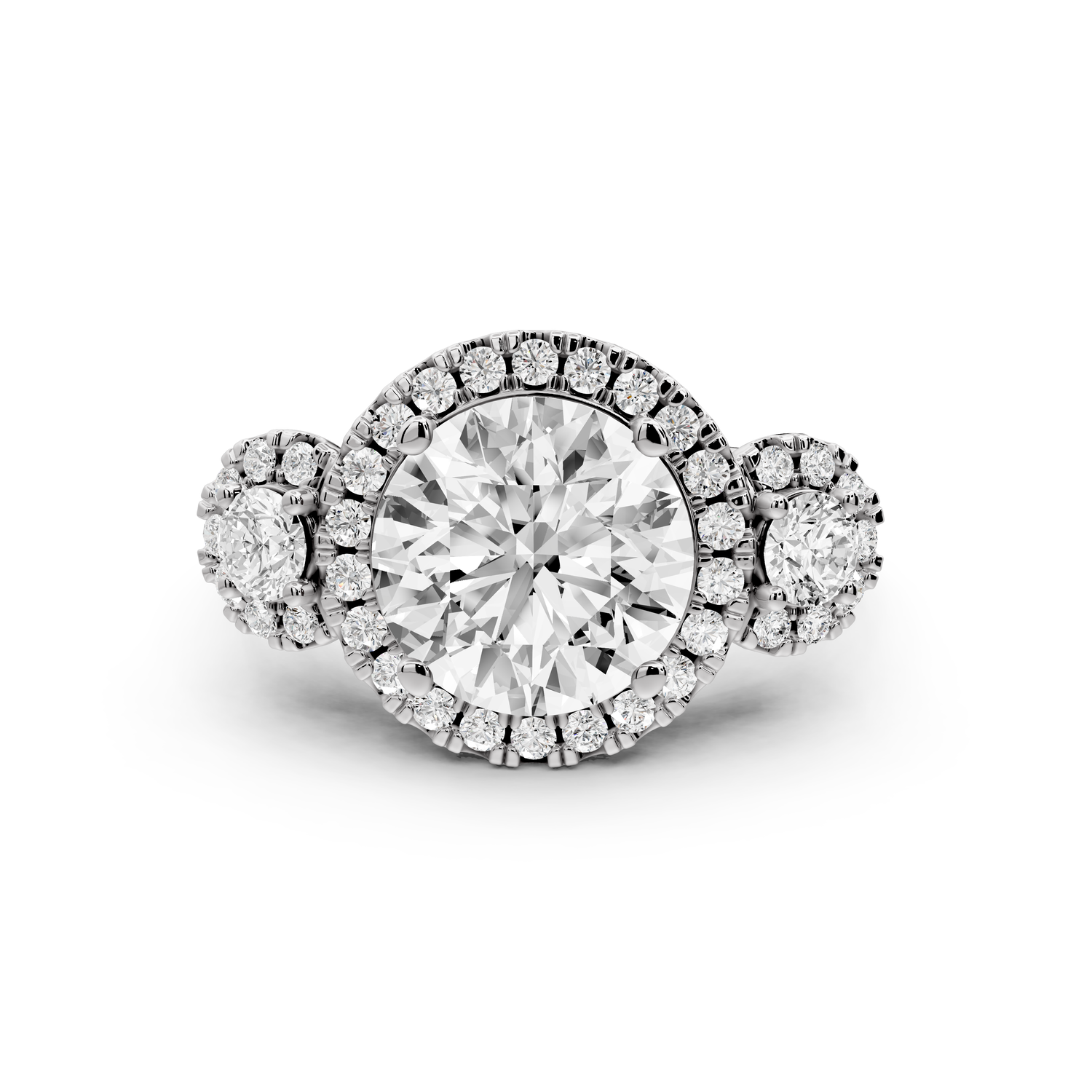 Iris - 3ct 14k white gold Three stone round Halo engagement ring