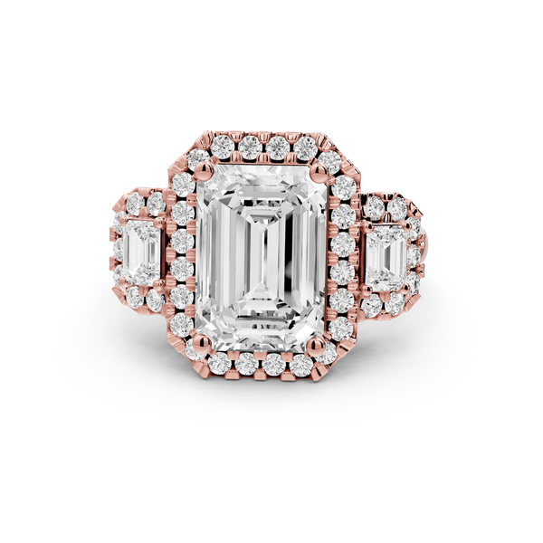 Iris - 4ct 14k rose gold Three stone emerald Halo engagement ring