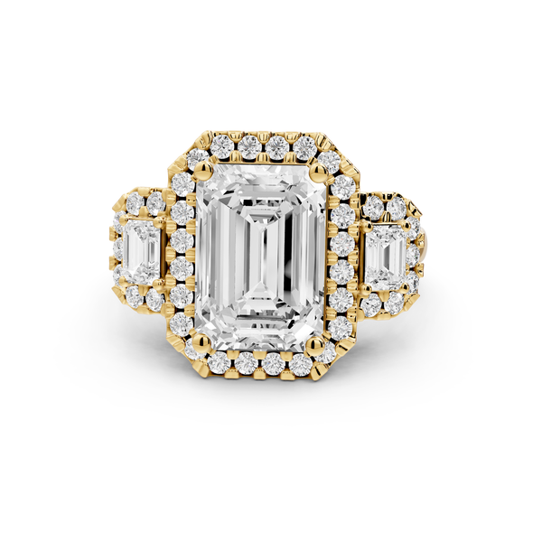 Iris - 4ct 14k yellow gold Three stone emerald Halo engagement ring