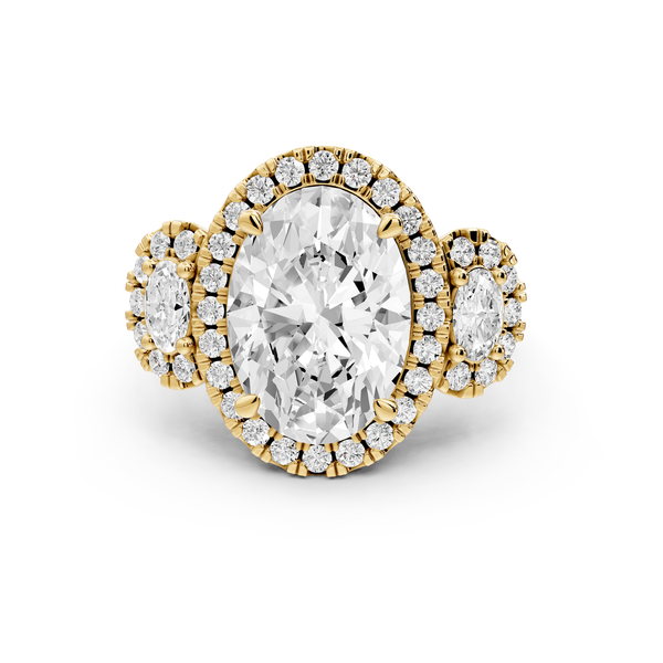 Iris - 4ct 14k yellow gold Three stone oval Halo engagement ring
